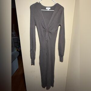 MABLE Brown Ribbed Dress | Size Medium | Cinched Boho Midi